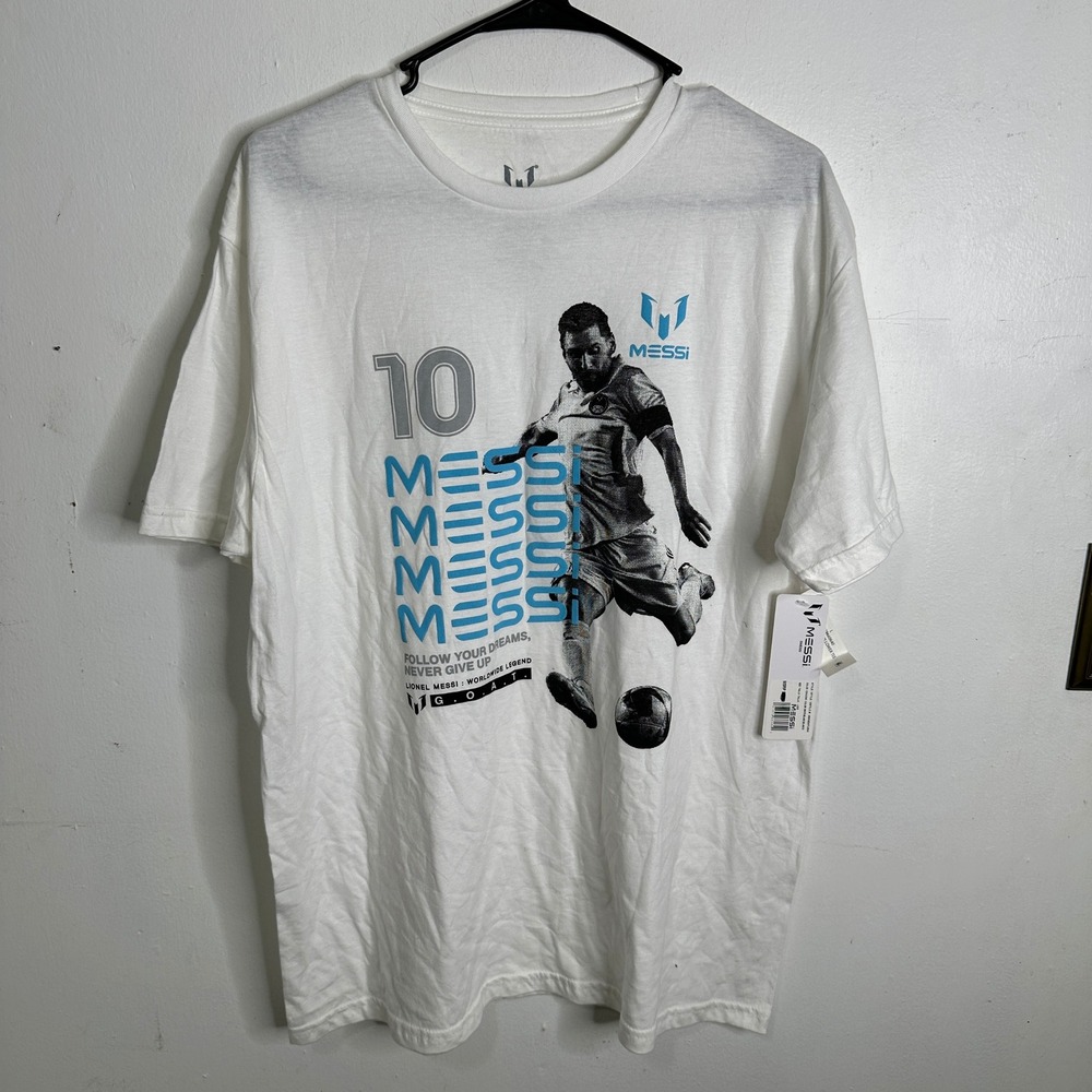 Lionel Messi GOAT Graphic T-Shirt Mens Large White Soccer Follow Your Dreams NWT